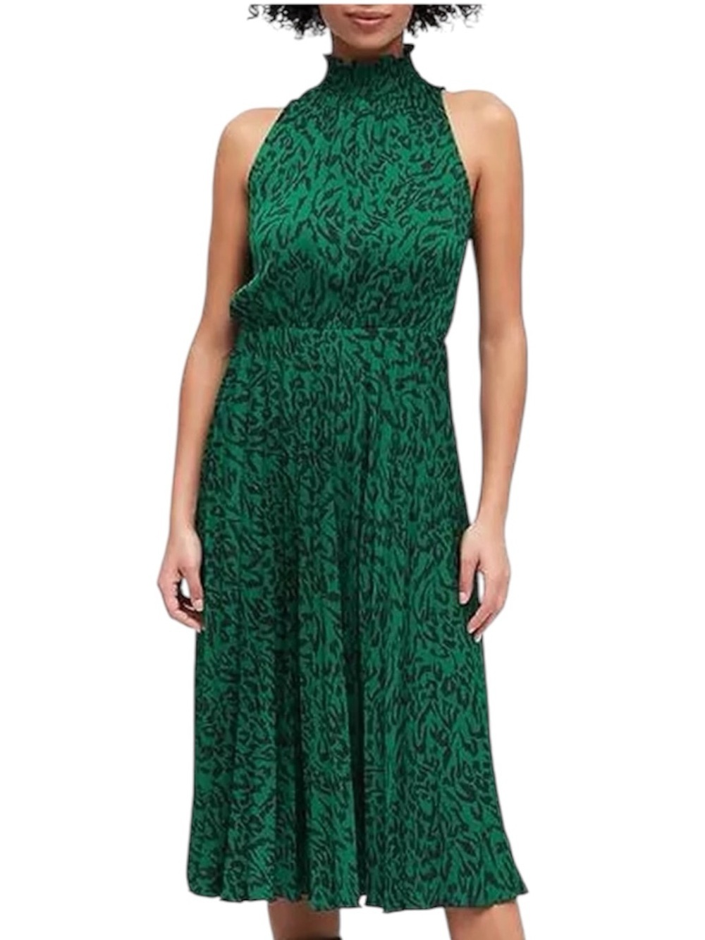 Banana Republic Satin Pleated Midi Dress Sleeveless Green Mock Neck XS-P Flowy